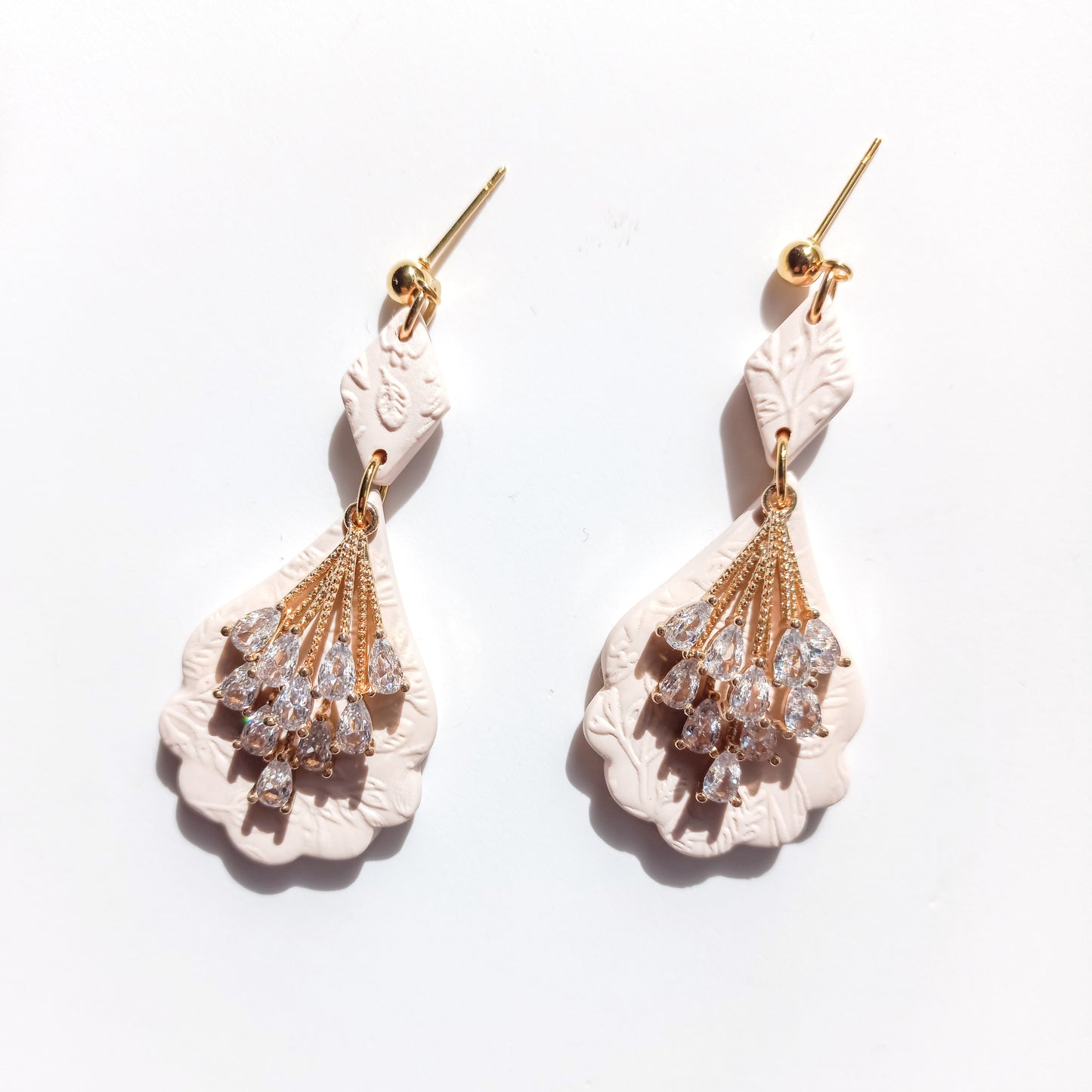 Bridal bloom - Large drop earring with stainless steel gold ball stud and cubic zerconia branch pendant